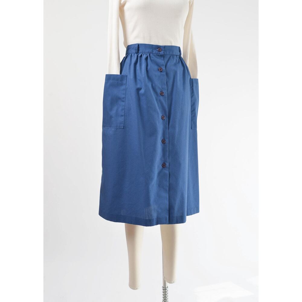 Vintage 70s Navy Blue Cotton Blend Button Front Midi Skirt with Pockets M - Picture 3 of 7
